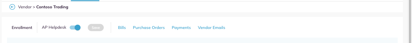 The Enrollment control on a vendor record, with the skill switch and Save.