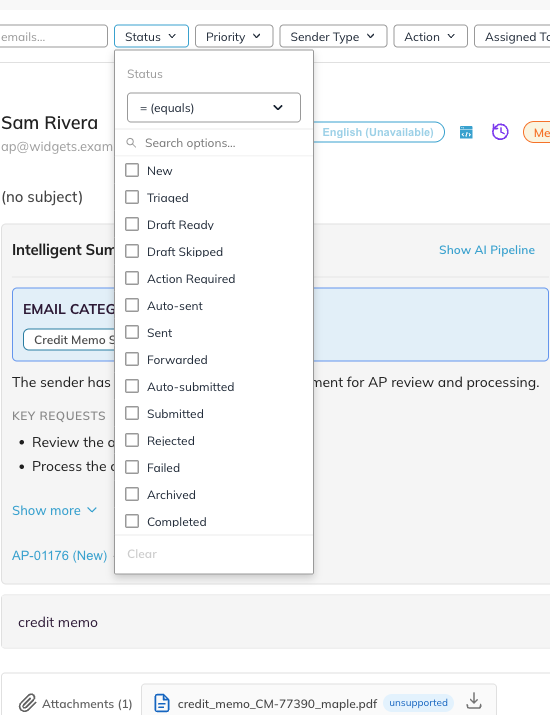 The Status filter showing its fourteen values