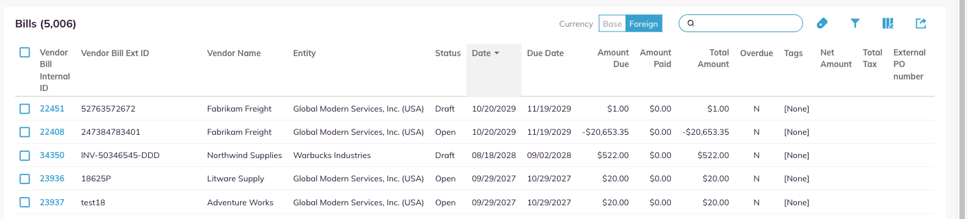 The bills list with Foreign selected on the currency toggle.