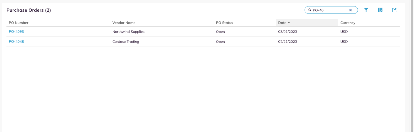 The Purchase Orders list narrowed by text typed into the search box.