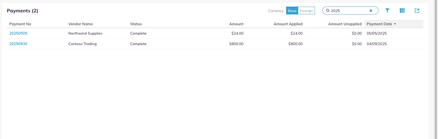 The Payments list narrowed by text typed into the search box.