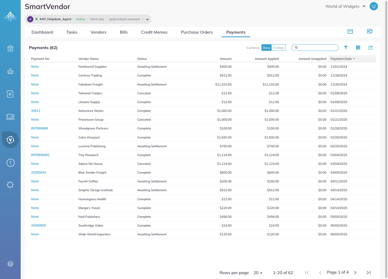 The Payments tab, showing the seven columns, the currency toggle and the toolbar.