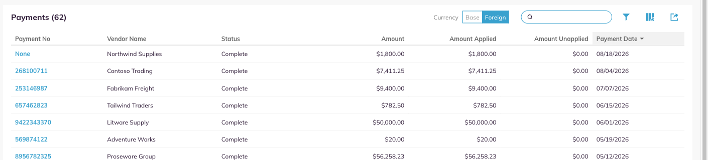 The payments list with Foreign selected on the currency toggle.