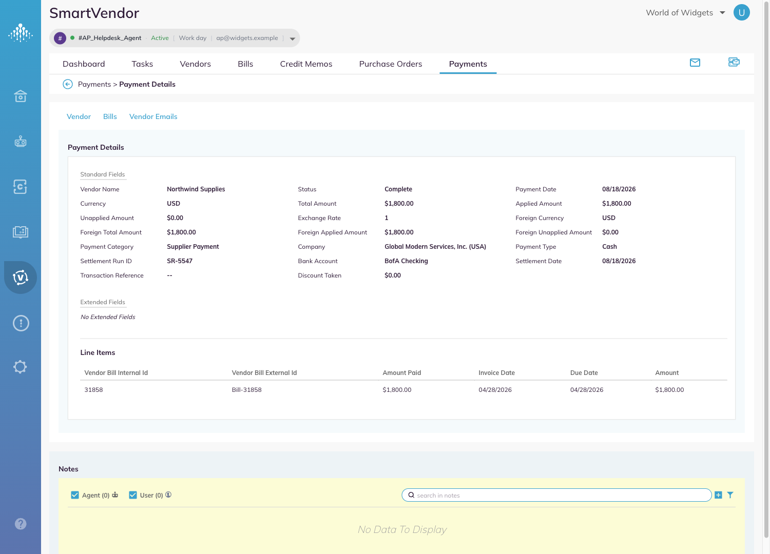 A payment record showing the settlement fields and the bills the payment was applied to.