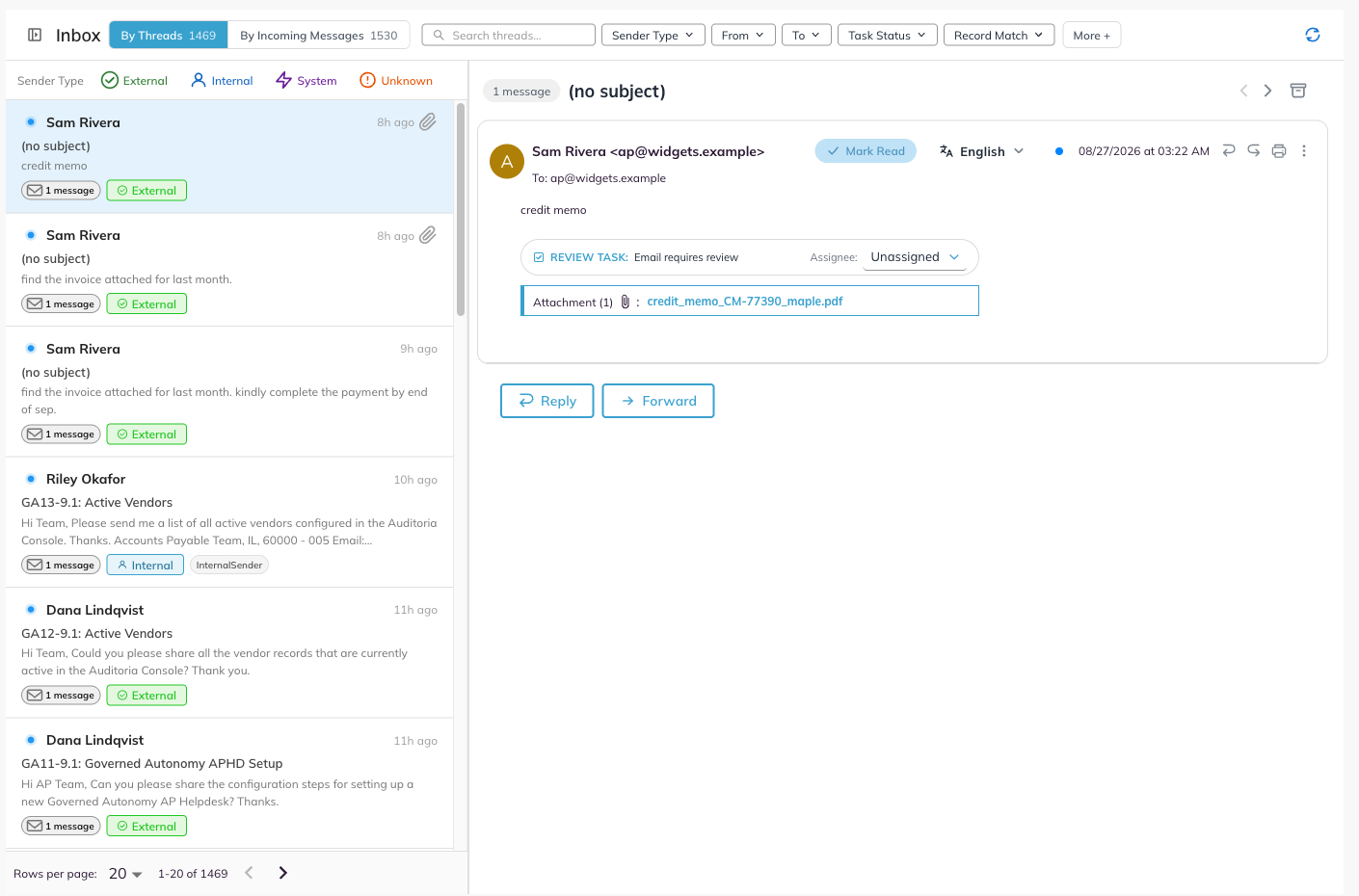 The Mailbox in the By Threads view