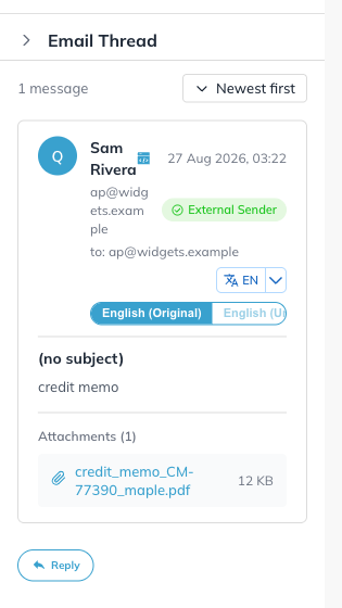 The Email Thread panel