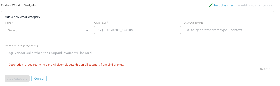 The add custom category panel