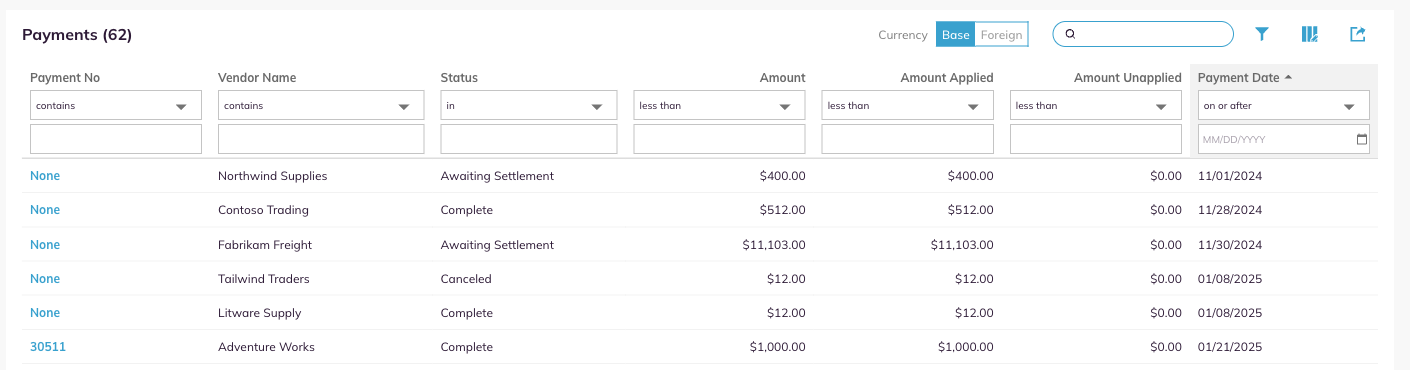 The Payments filter row open, with an operator dropdown under each column header.