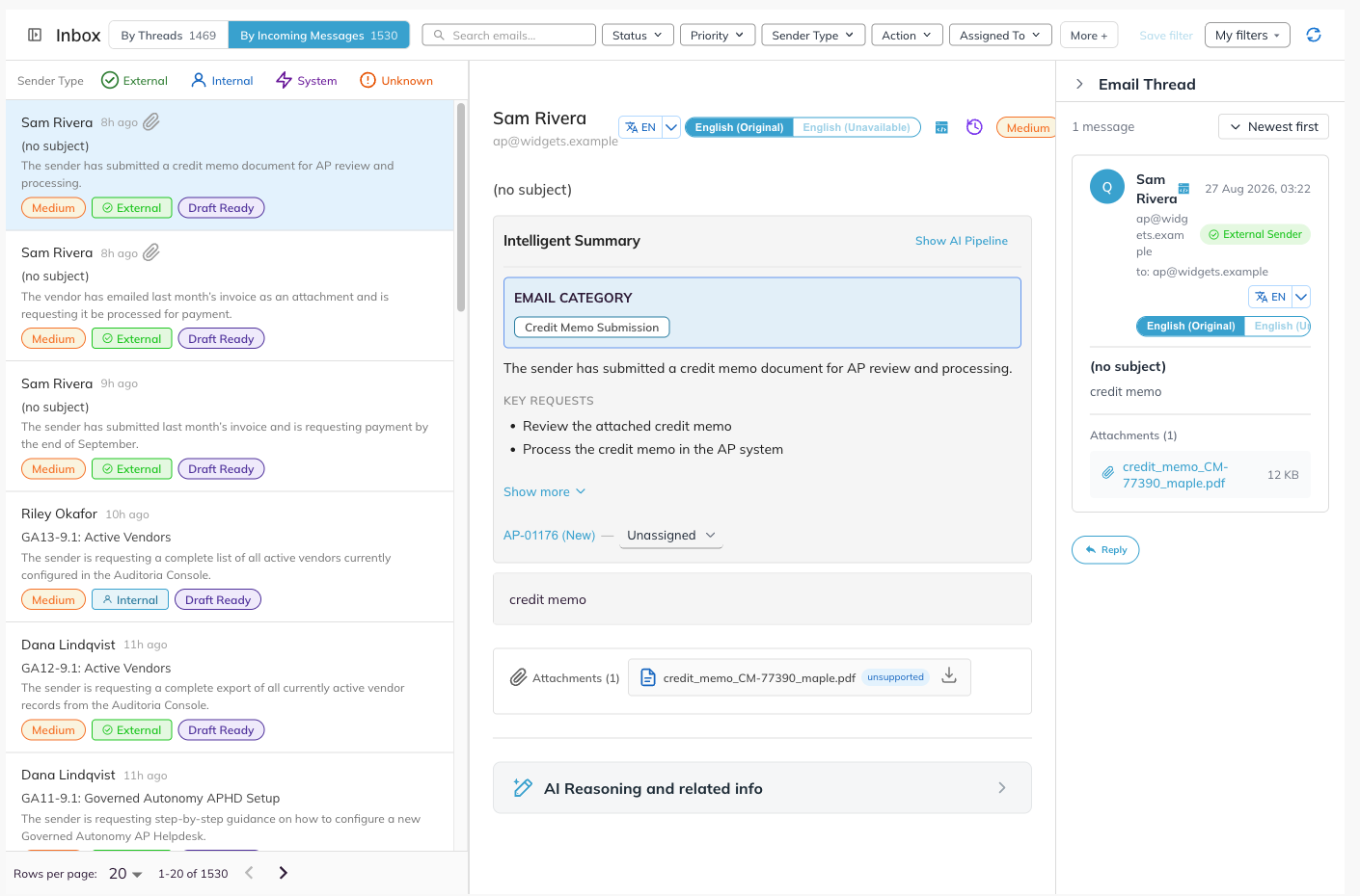 The Mailbox in the By Incoming Messages view