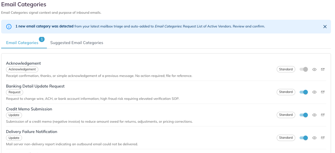 The Email Categories screen