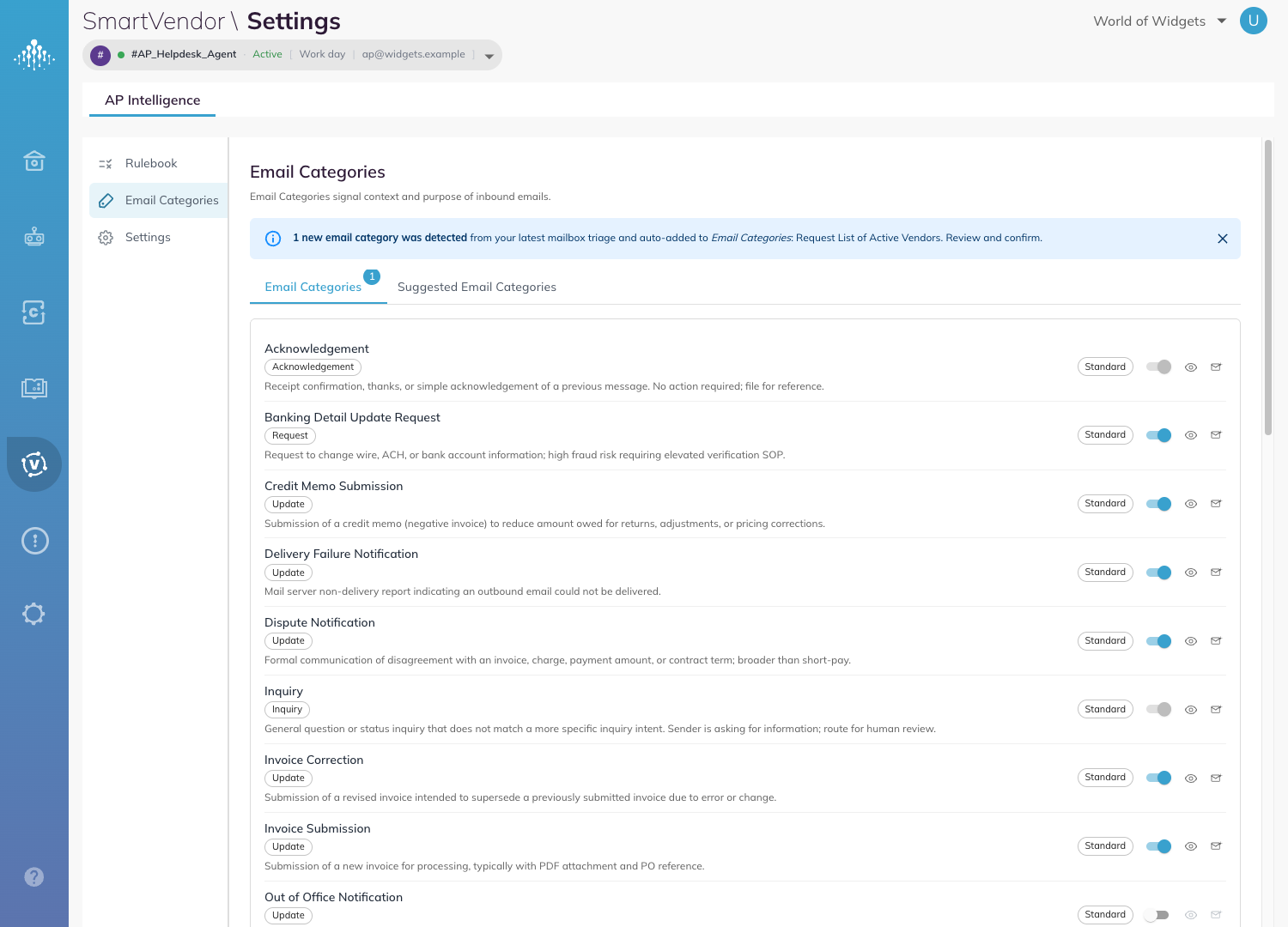 The Suggested Email Categories tab