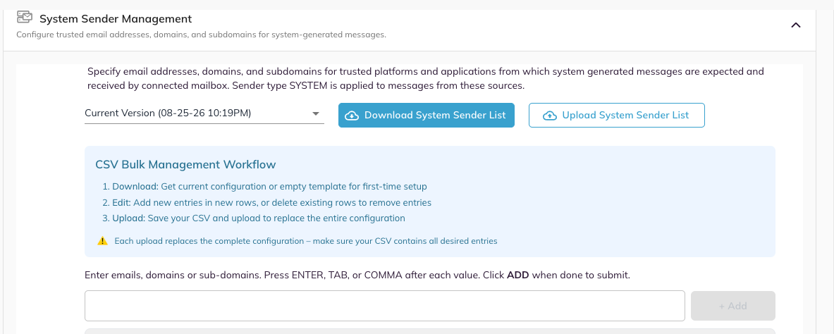 The top of the System Sender Management card