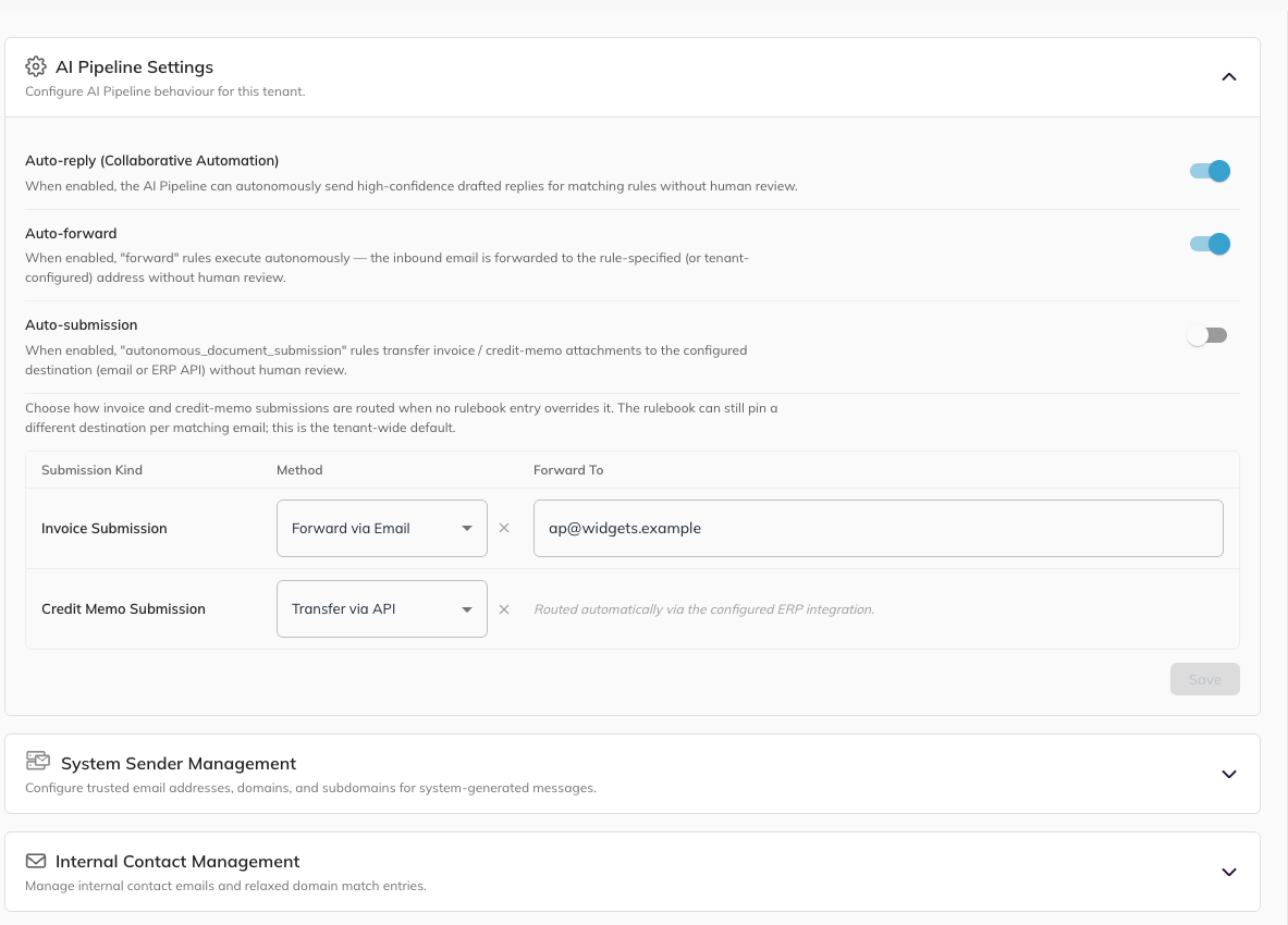 The AI Pipeline Settings card expanded
