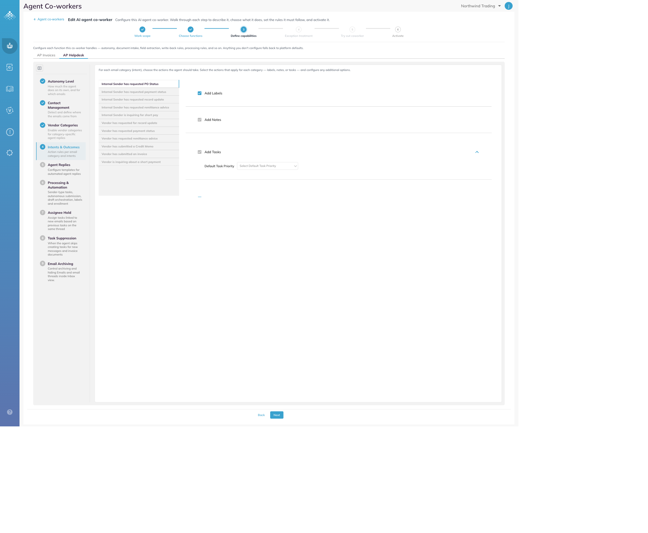 Intents and Outcomes, the intent list and the actions available for the selected intent
