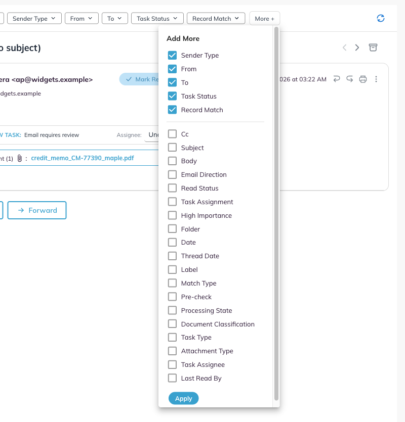 The Add More panel listing all available filter fields