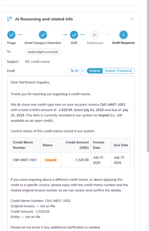 The Draft Response stage showing the reply the agent wrote