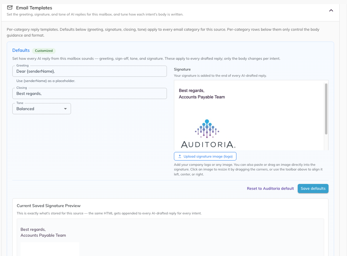 The Email Templates panel showing the Defaults tab with greeting, closing, tone and signature.