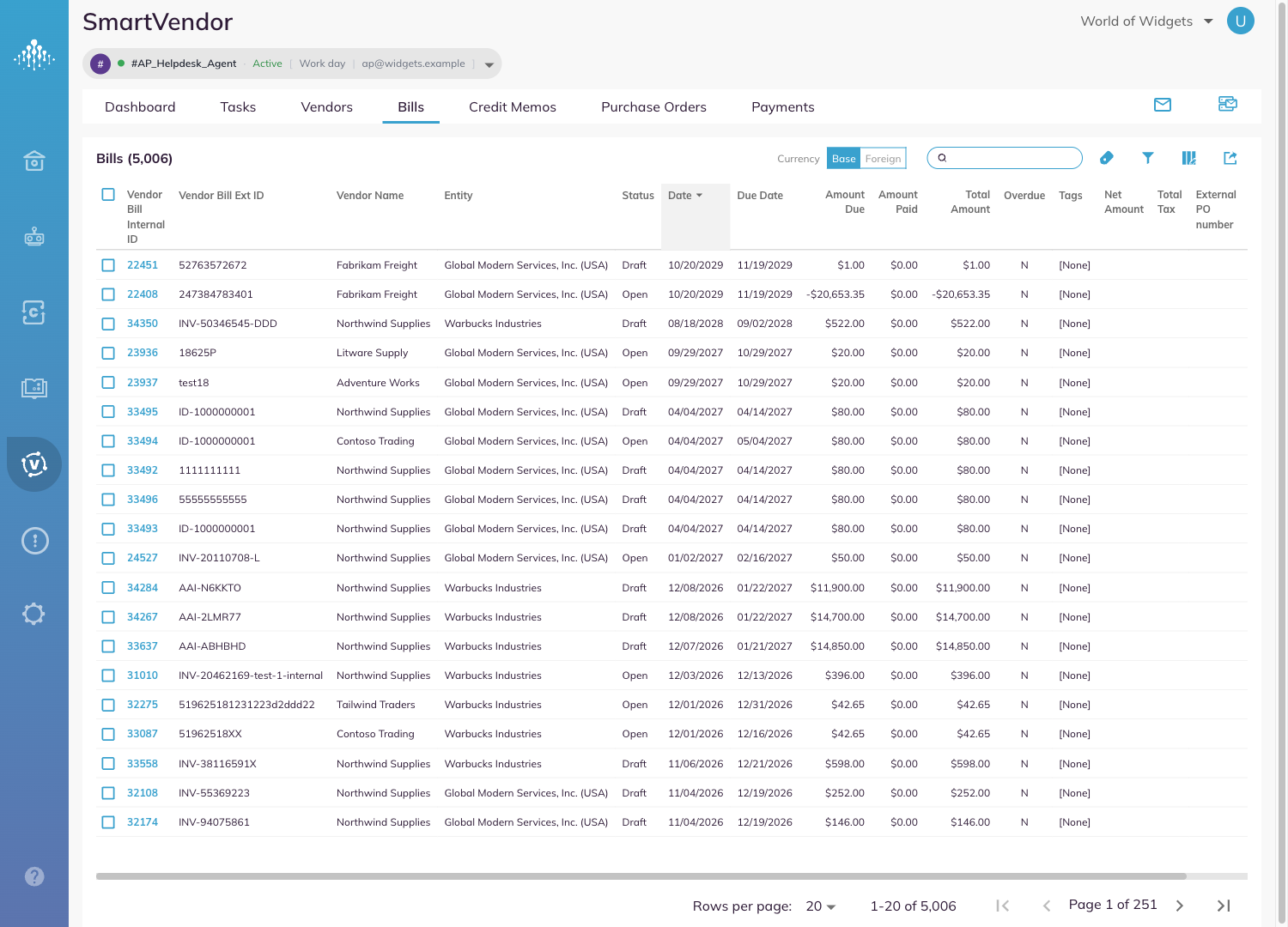 The Bills tab, showing the list, the toolbar and the pagination footer.