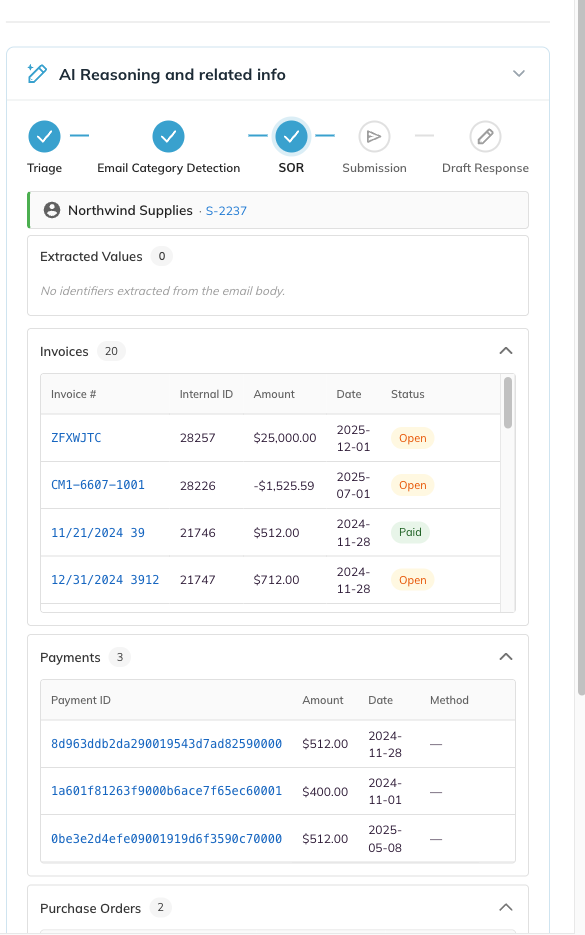 The SOR stage showing matched vendor and related records