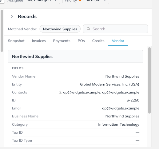 The Records panel on the Vendor tab, showing the vendor master record.
