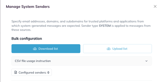 Bulk configuration, Download list, Upload list, and the CSV instructions