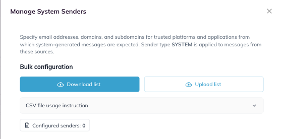 The Configured senders count in the Manage System Senders drawer