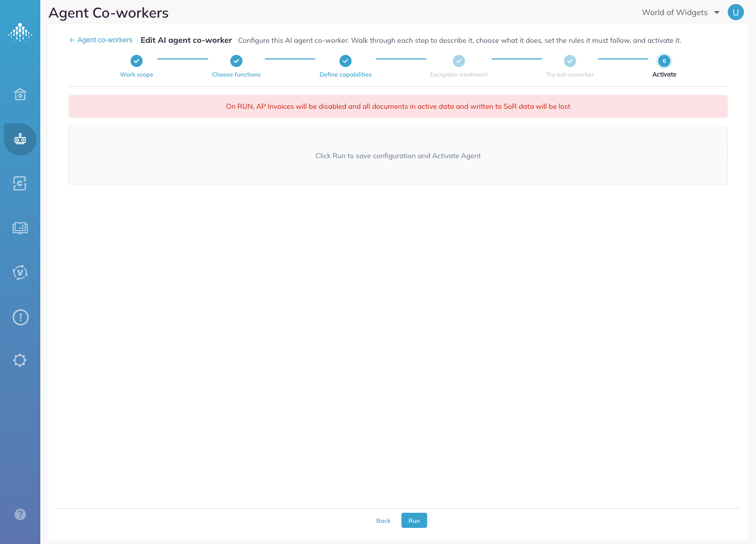 The Activate step with the red data-loss banner shown after AP Invoices was deselected.