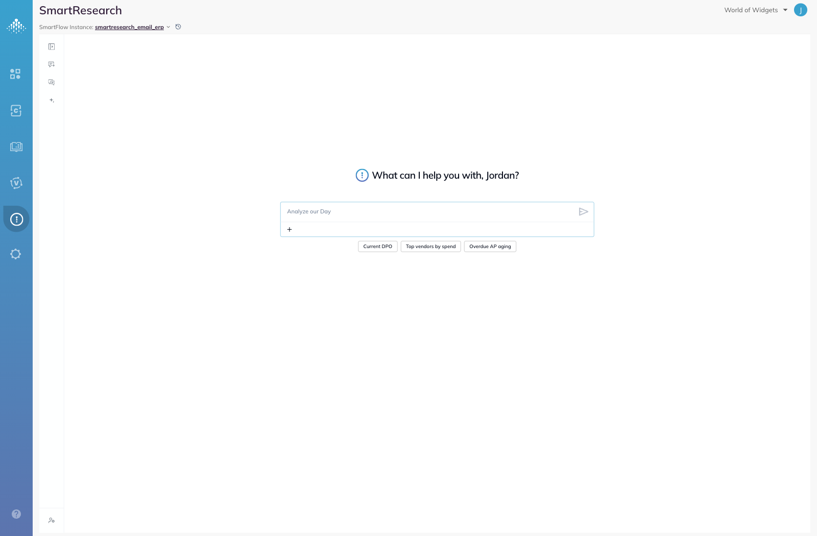 The SmartResearch question area, with suggested starter questions beneath the message box.