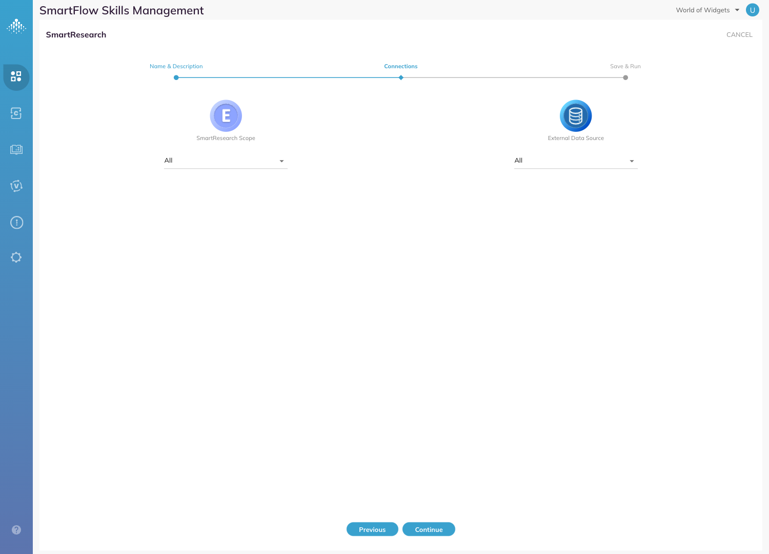 Step 2 of the instance wizard, Connections, with the SmartResearch Scope and External Data Source selectors