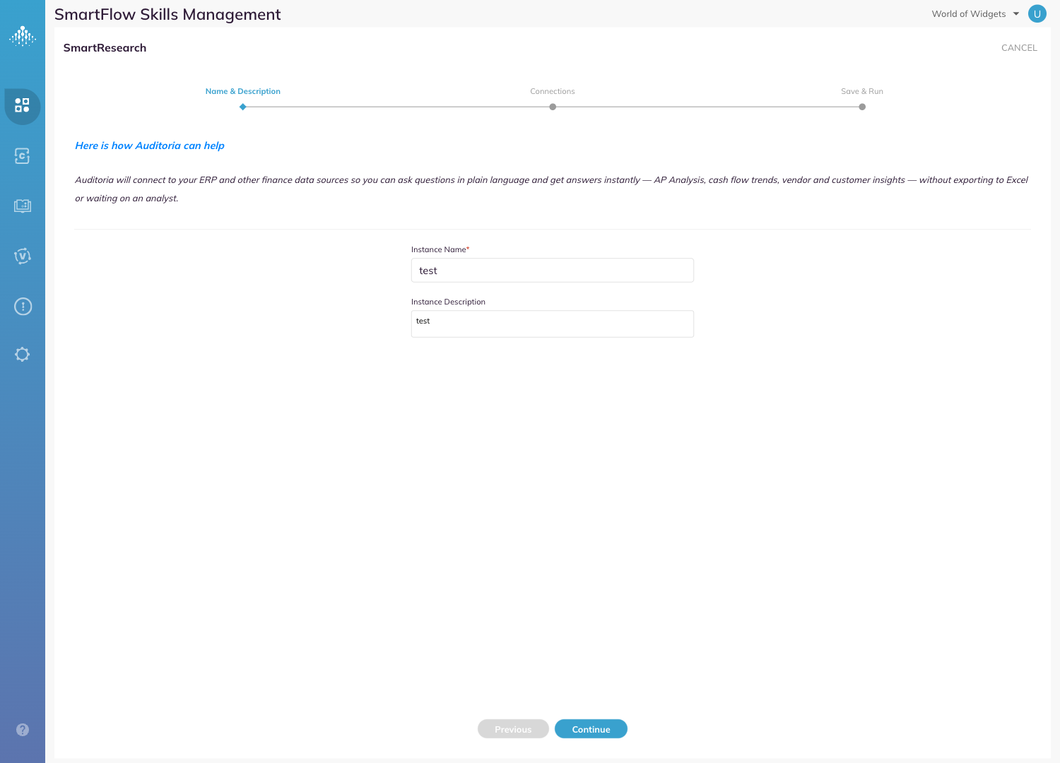 Step 1 of the instance wizard, Name and Description, with the Instance Name and Instance Description fields