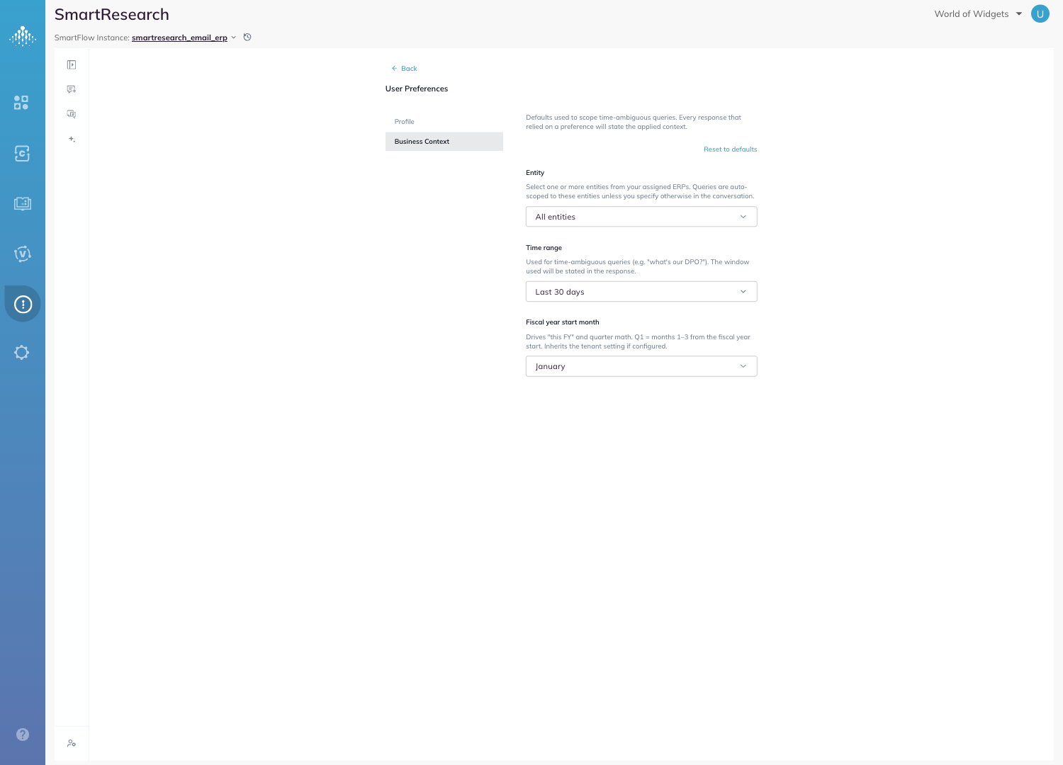 The Business Context tab with the Entity, Time range and Fiscal year start month settings