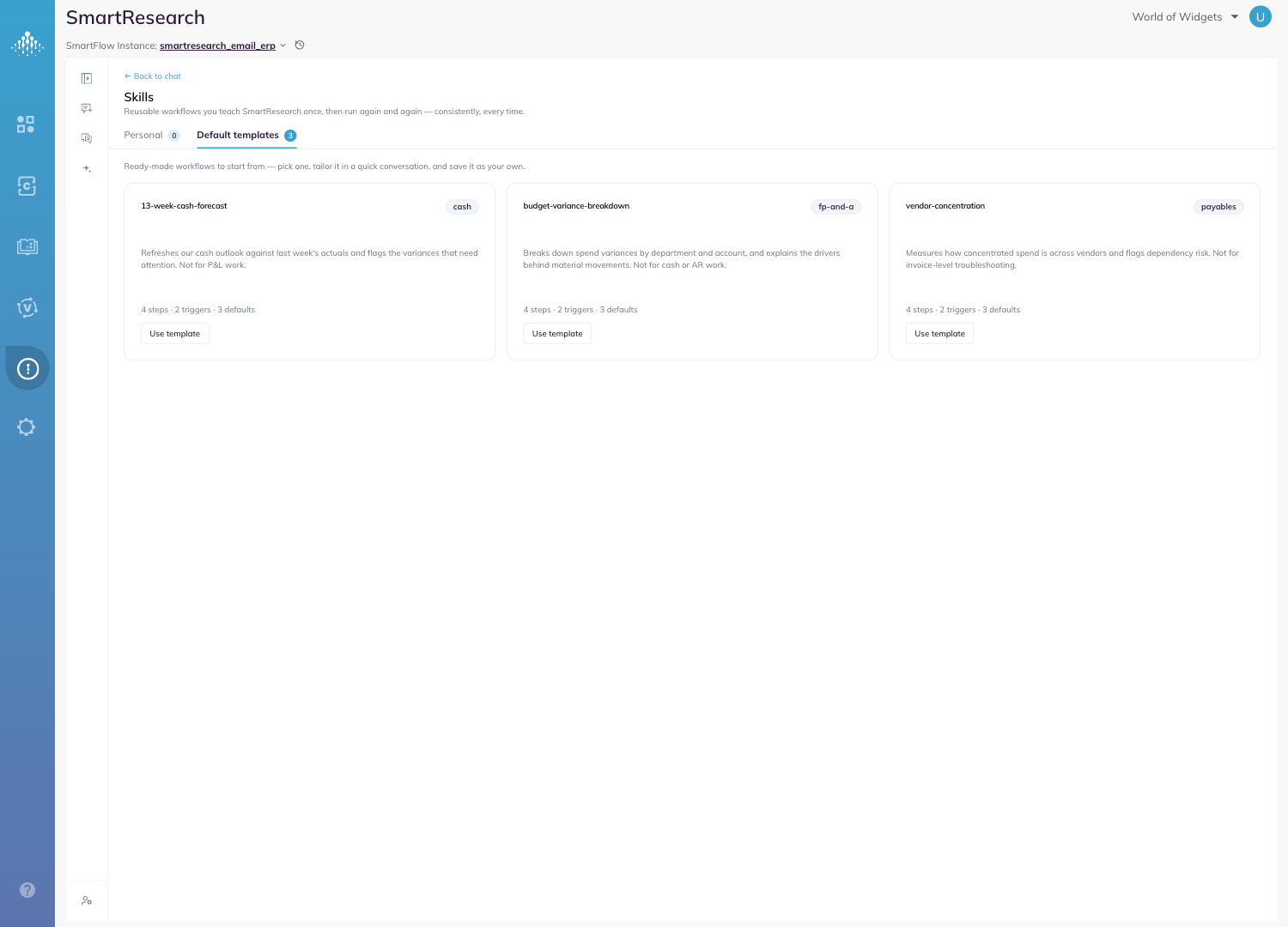 The Default templates tab showing the three shipped skill templates