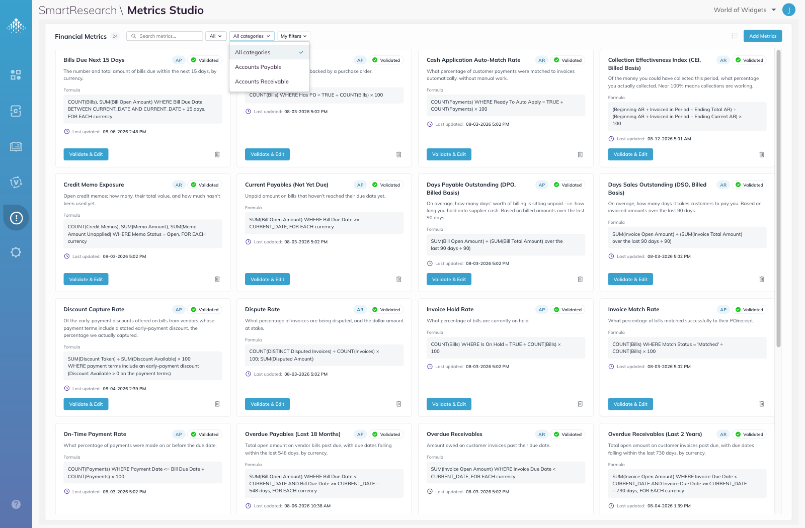 Status filter and category filter open, showing the available options