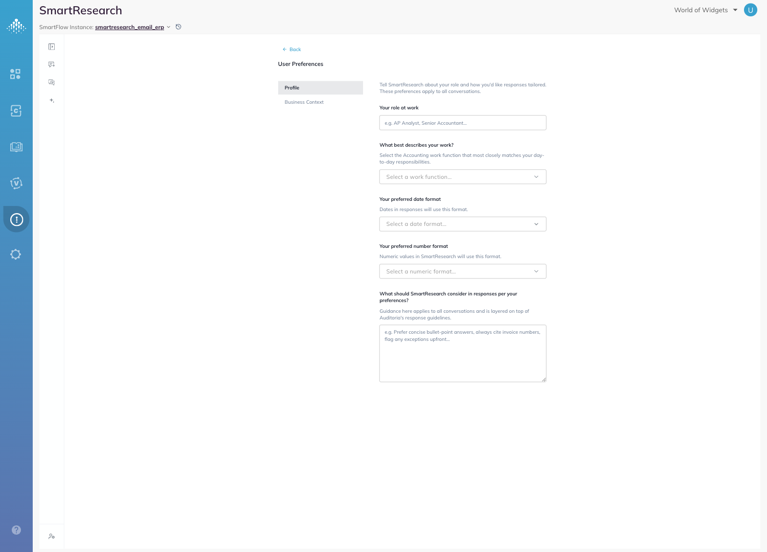 The Profile tab of User Preferences with the role, work function, date format and number format fields