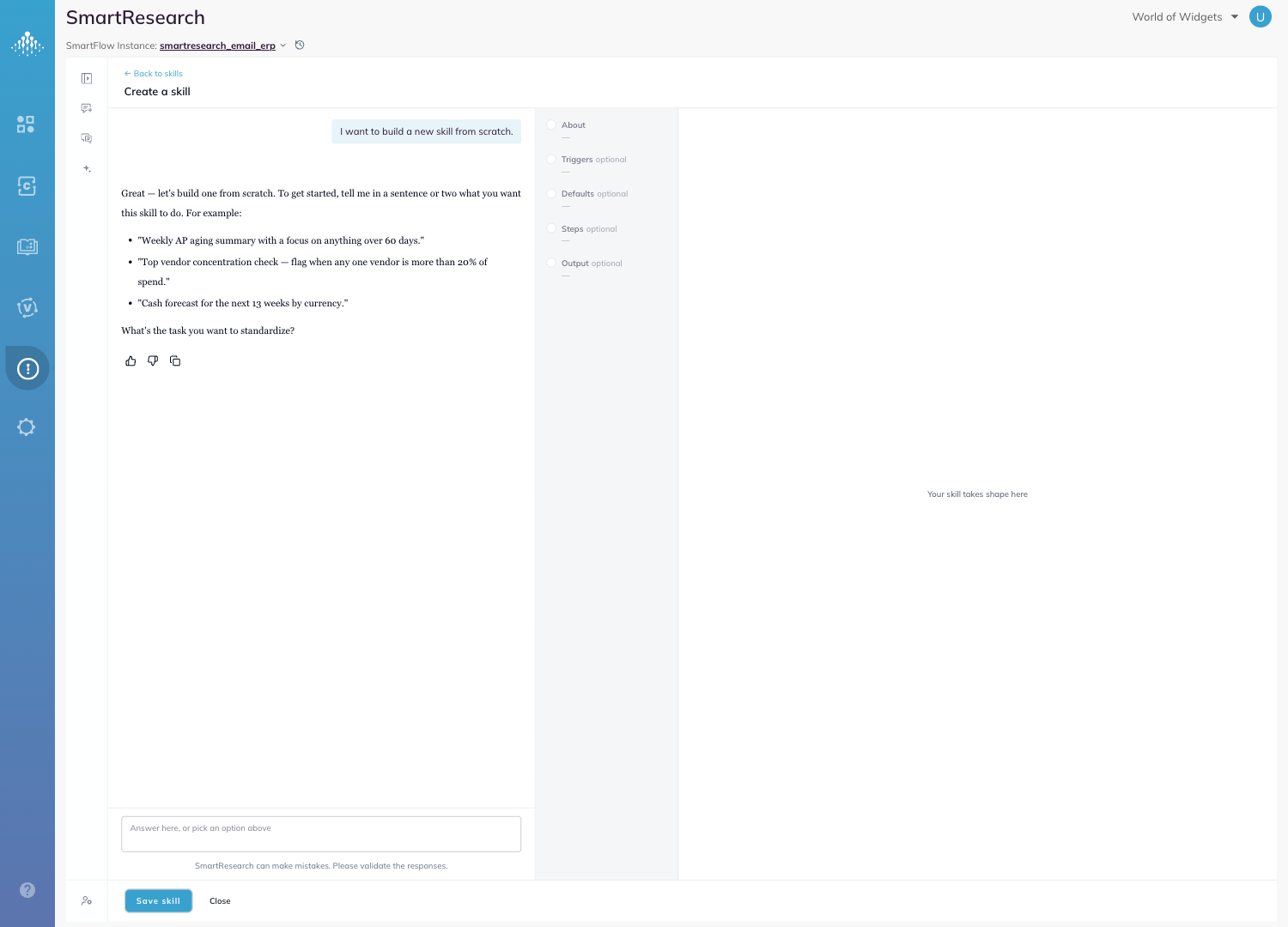 The Create a skill conversation with the About, Triggers, Defaults, Steps and Output checklist beside it
