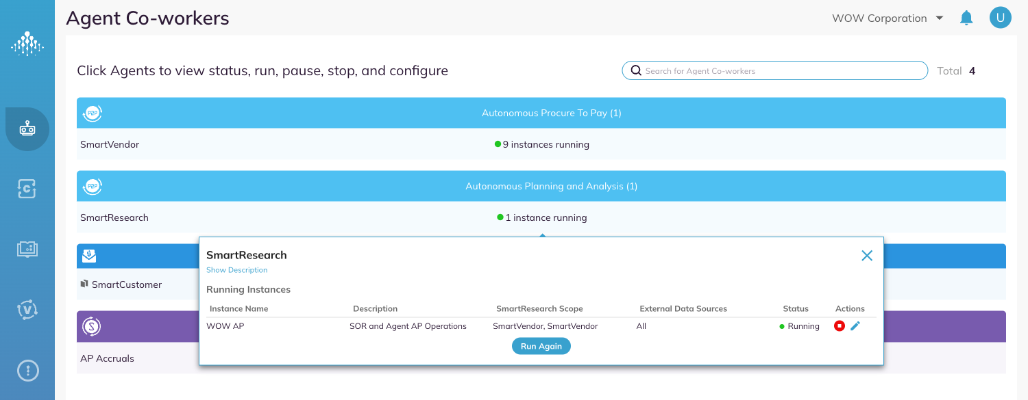 The SmartResearch running instances dialog listing each instance with its scope, external data sources and status