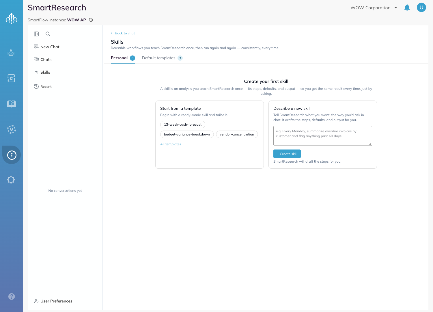 The Skills page on the Personal tab, showing the routes to create a first skill