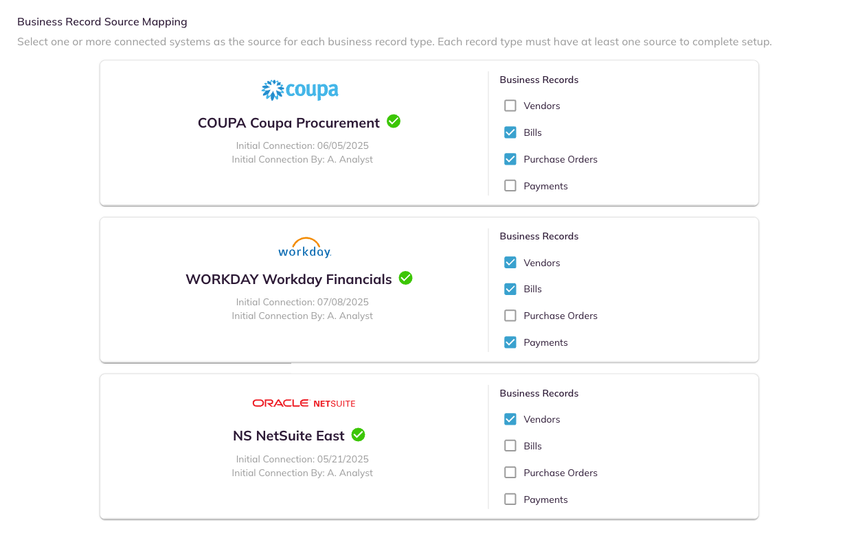 Three contributing system cards, each listing the record types Vendors, Bills, Purchase Orders, and Payments with check boxes