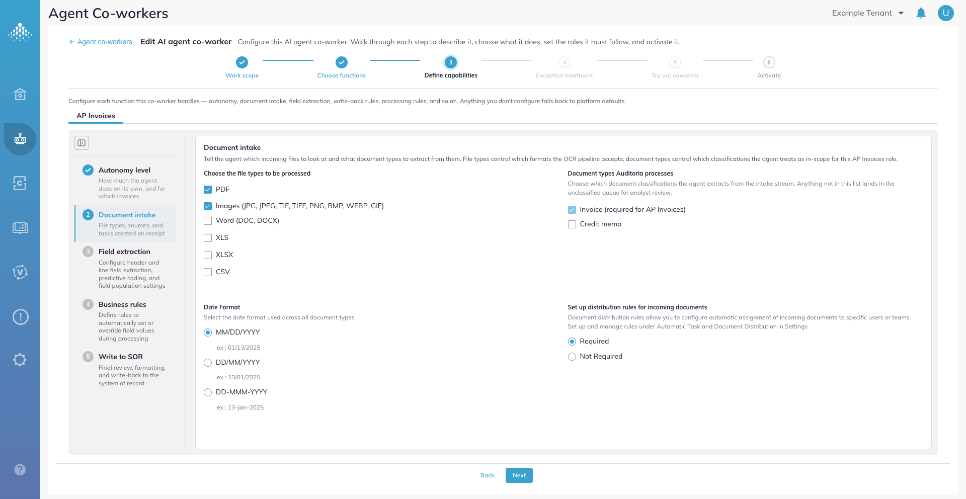 The distribution setting on the Document intake step of the agent co-worker