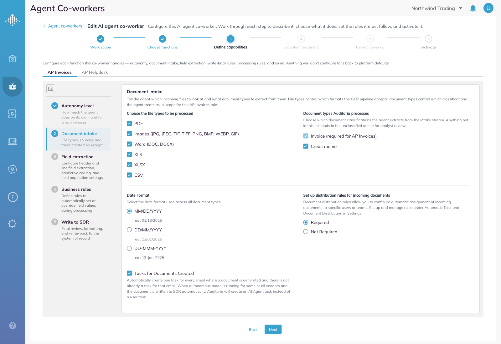 The agent wizard at Define capabilities, with Document intake selected and the distribution setting set to Required