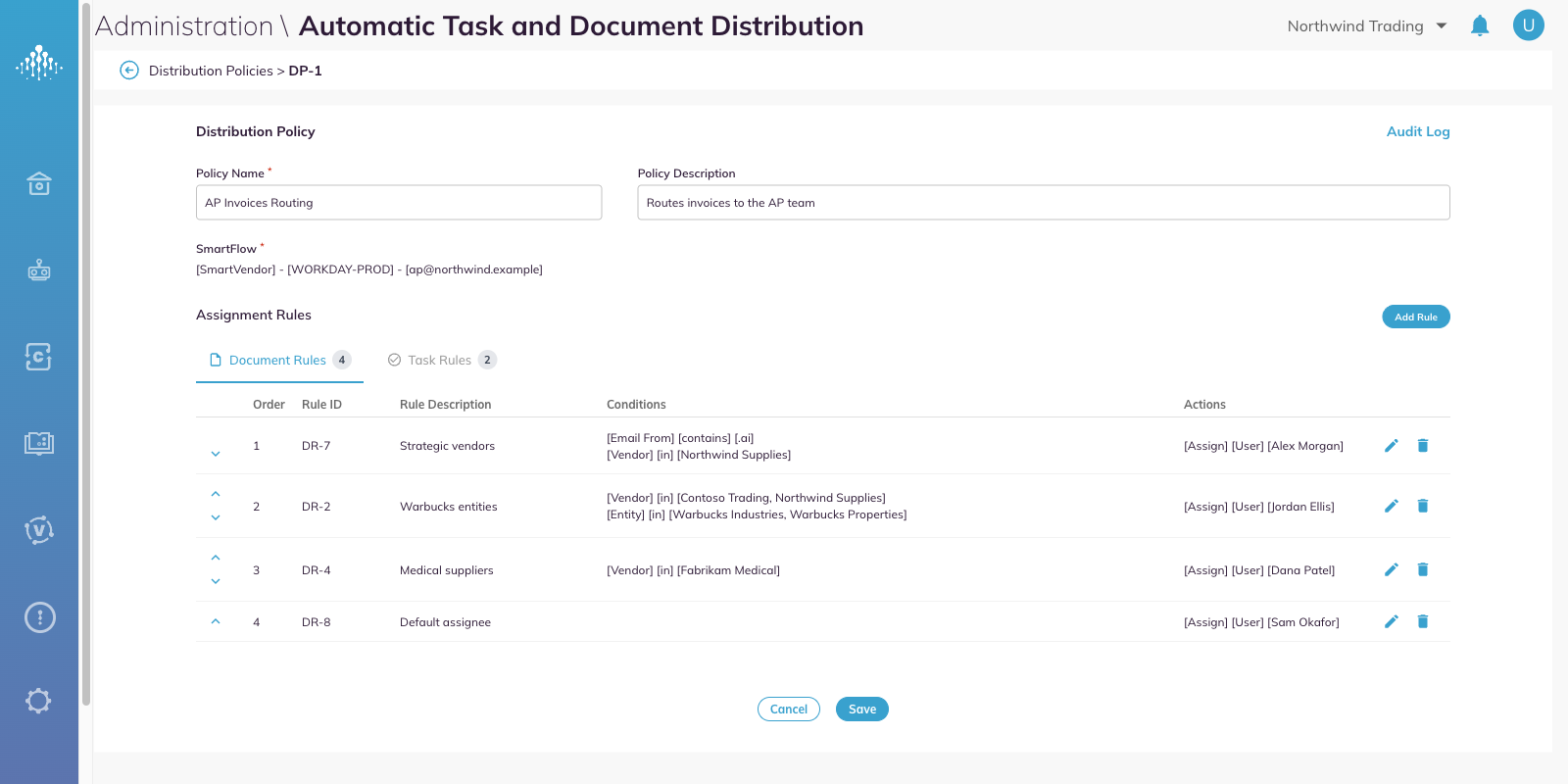 A policy showing the Document Rules and Task Rules tabs above the ordered list of rules