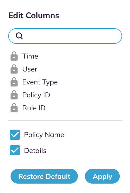 The Edit Columns panel for the policy audit log