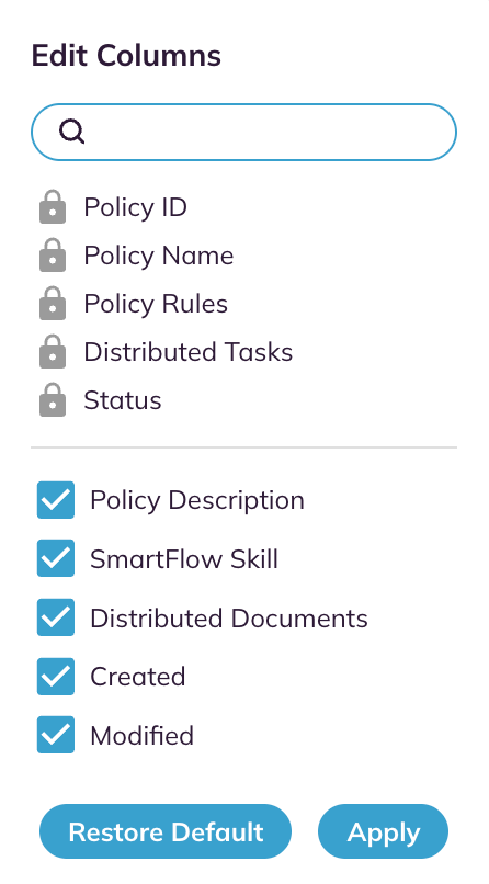 The Edit Columns panel, listing each column with a checkbox