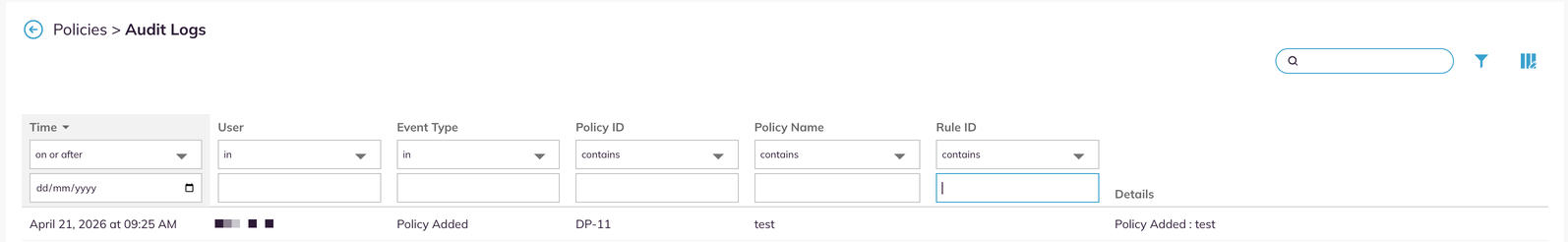 The filter fields shown above the policy audit log