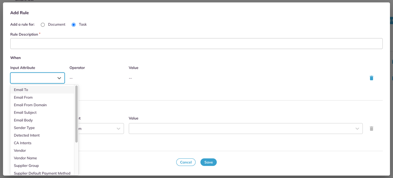 The Add Rule dialog on the Task tab, with the Input Attribute list open and scrolled to show the first twelve of eighteen attributes