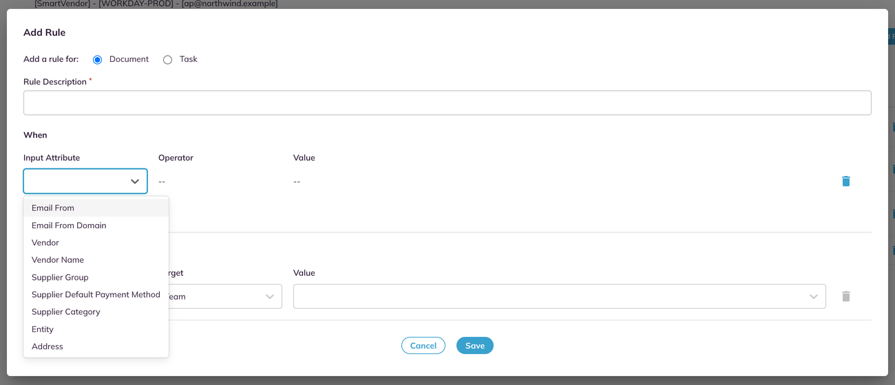 The Add Rule dialog on the Document tab, with the Input Attribute list open showing all nine attributes