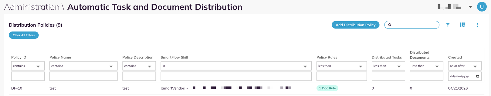 The filter fields shown above the distribution policy list