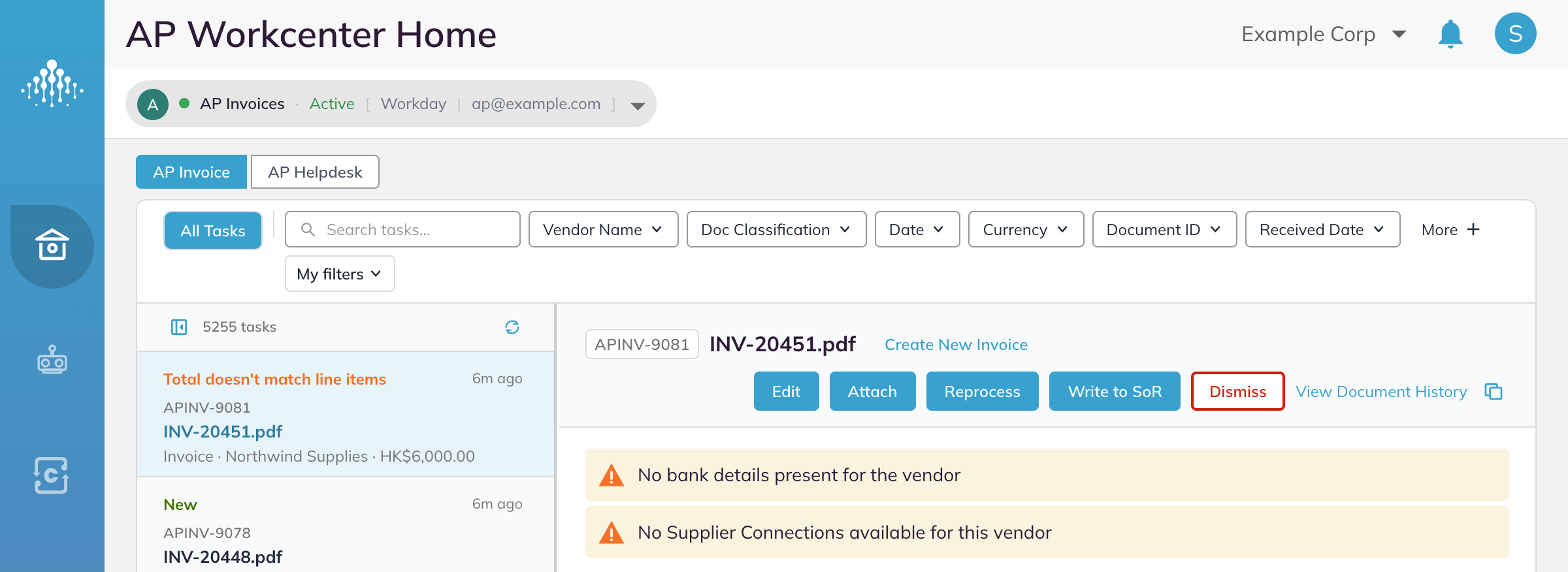 AP Workcenter Home with the connection bar, AP Invoice and AP Helpdesk tabs, task filters, the task list and the selected invoice