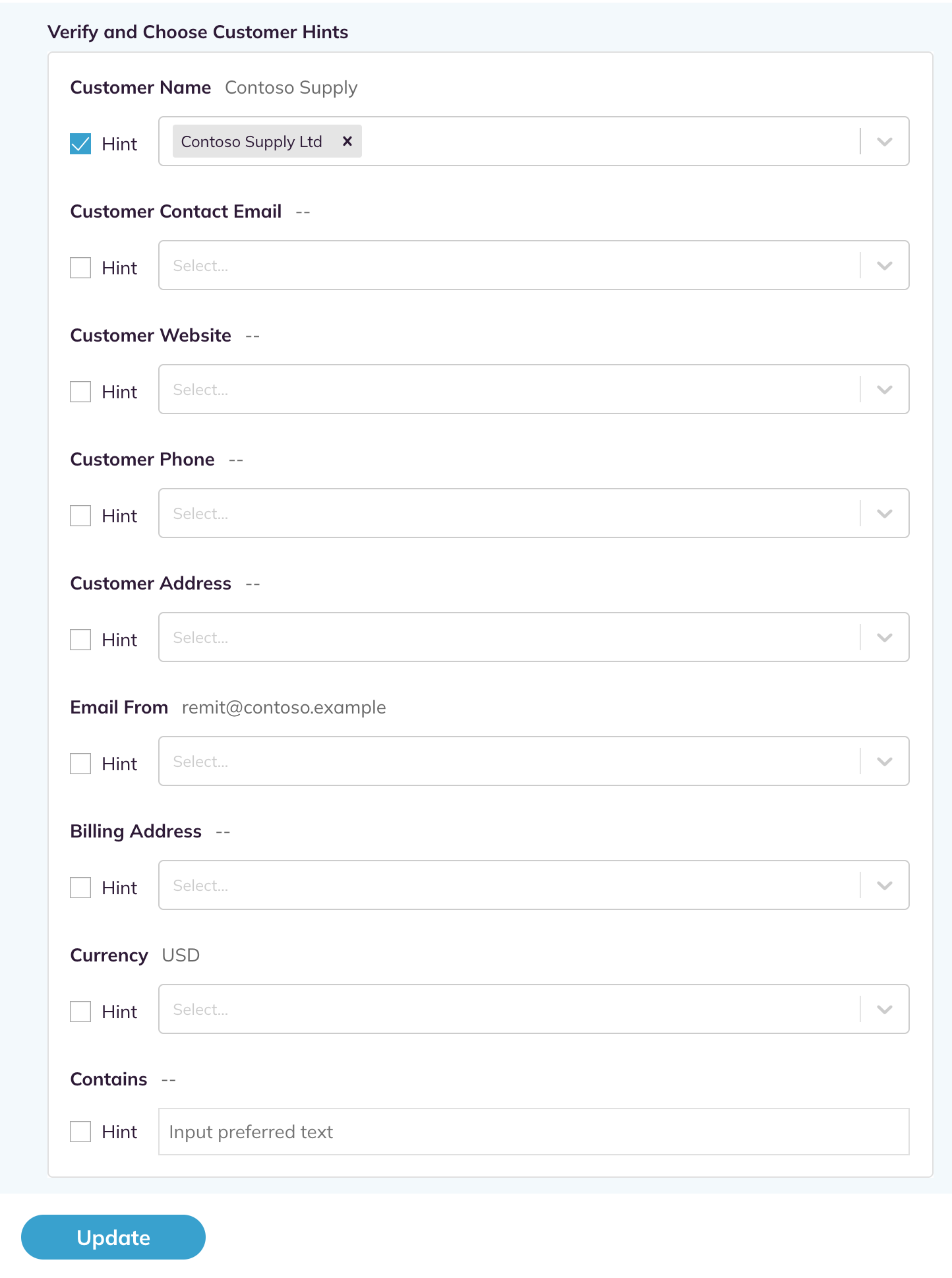Verify and Choose Customer Hints panel with every hint row, ending in the Contains row, and the Update button