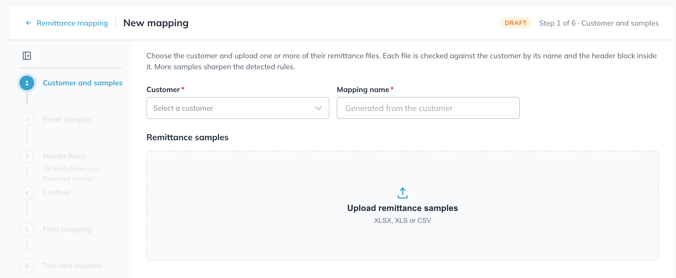 New mapping step 1, Customer and samples, with the six steps listed on the left